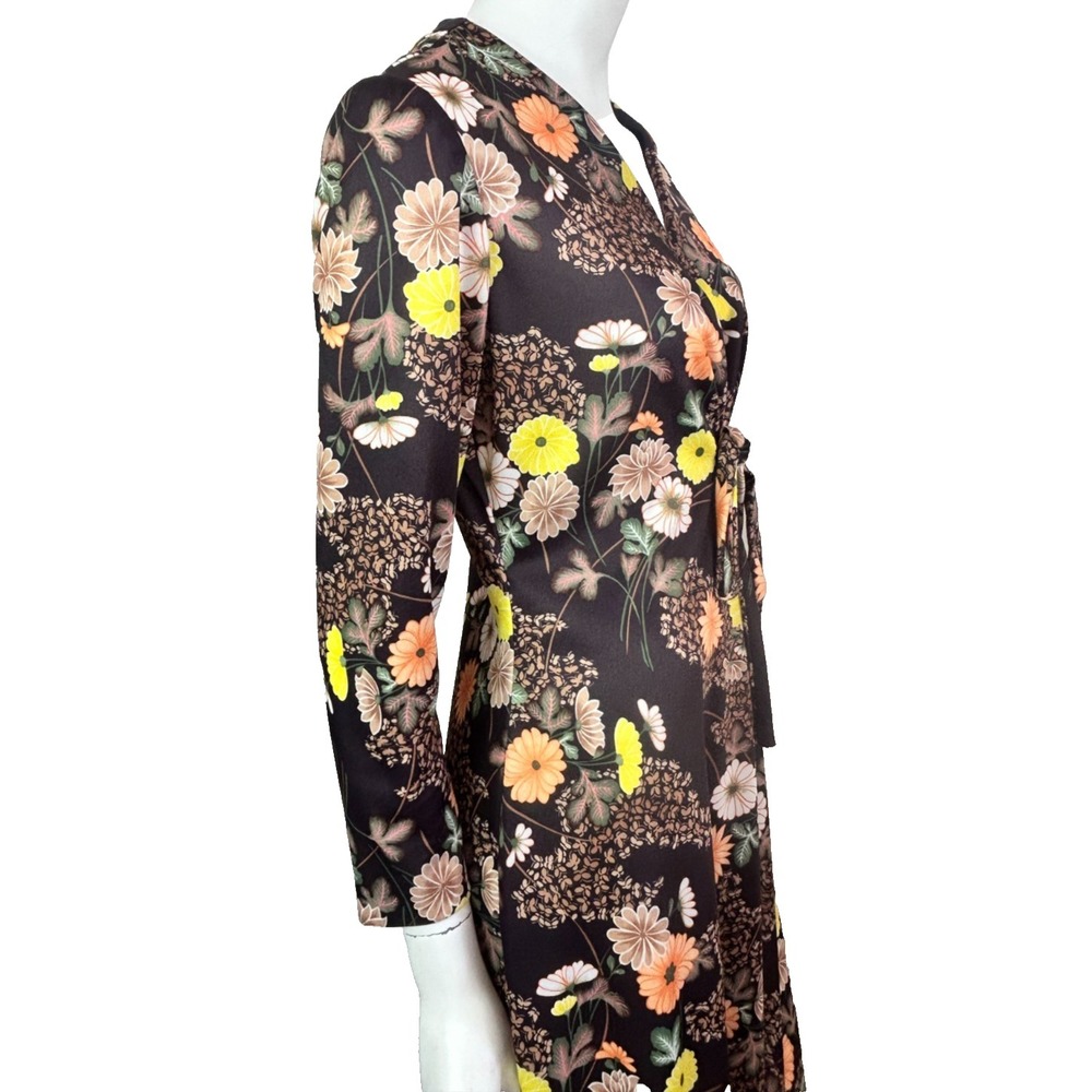 70s Floral Maxi Dress Size 8-10 M-L Brown V-Neck Twist Front Long Sleeve EUC - Picture 12 of 12